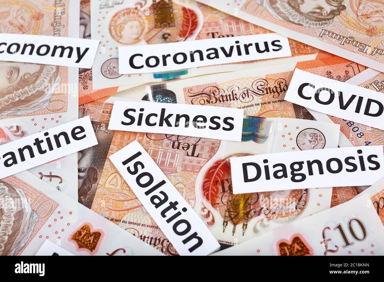 Coronavirus, COVID-19 headline clippings on United Kingdome 10 pounds banknotes. Stock Photo