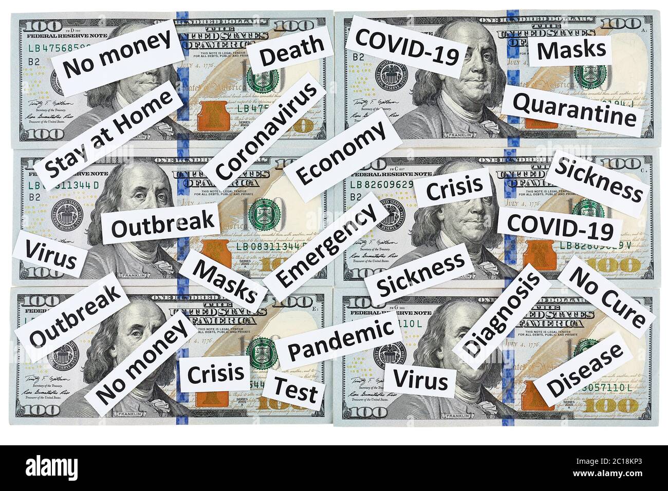 Coronavirus, COVID-19 headline clippings on 100 USD banknotes. Stock Photo
