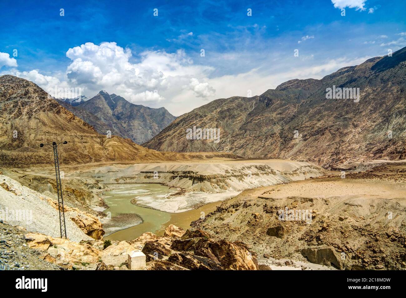 Confluence of Gilgit and Indus rivers, Gilgit-Baltistan Pakistan Stock Photo