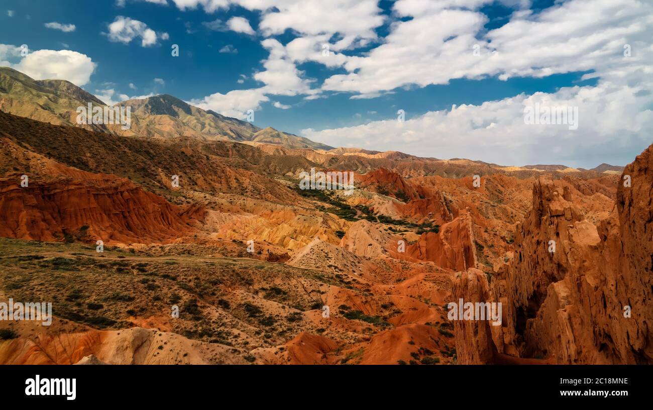 Panorama of Skazka aka Fairytale canyon, Issyk-Kul Kyrgyzstan Stock Photo