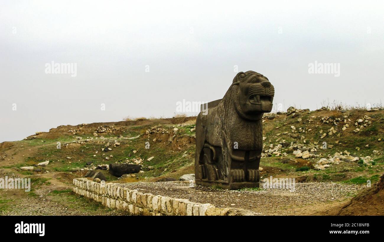 Basalt lion statue, Ruins Ain Dara temple near Aleppo Syria Stock Photo
