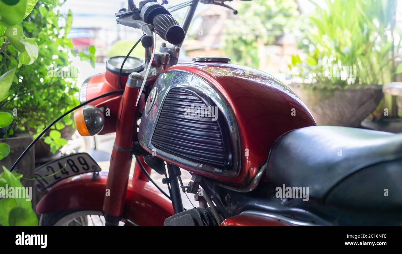 Retro motorcycle was parking at house, Bangkok Thailand Stock Photo