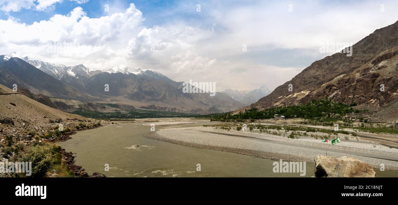 Panorama of Gilgit river, Gilgit-Baltistan Province Pakistan Stock Photo