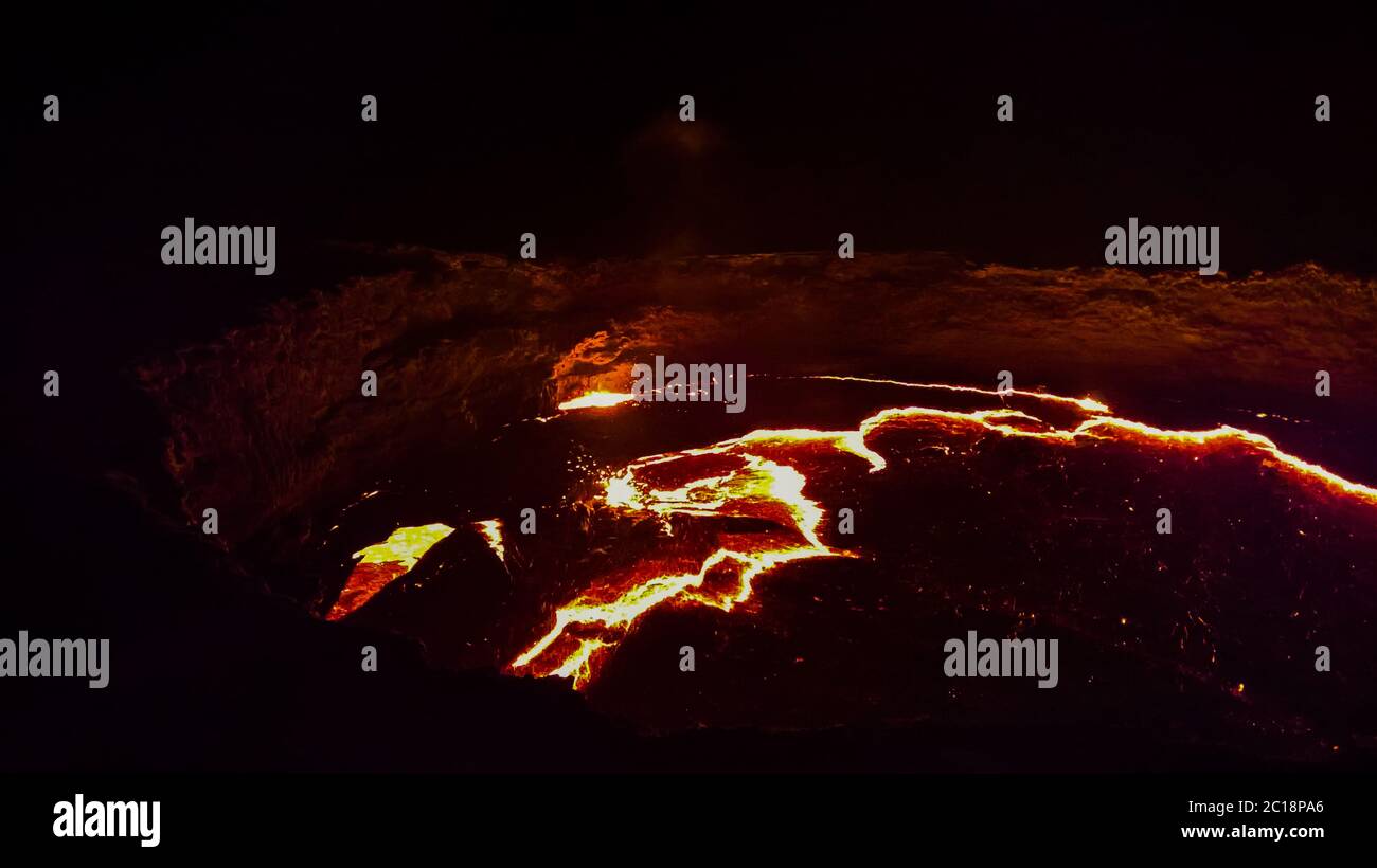 Panorama Erta Ale volcano crater, melting lava, Danakil depression, Ethiopia Stock Photo