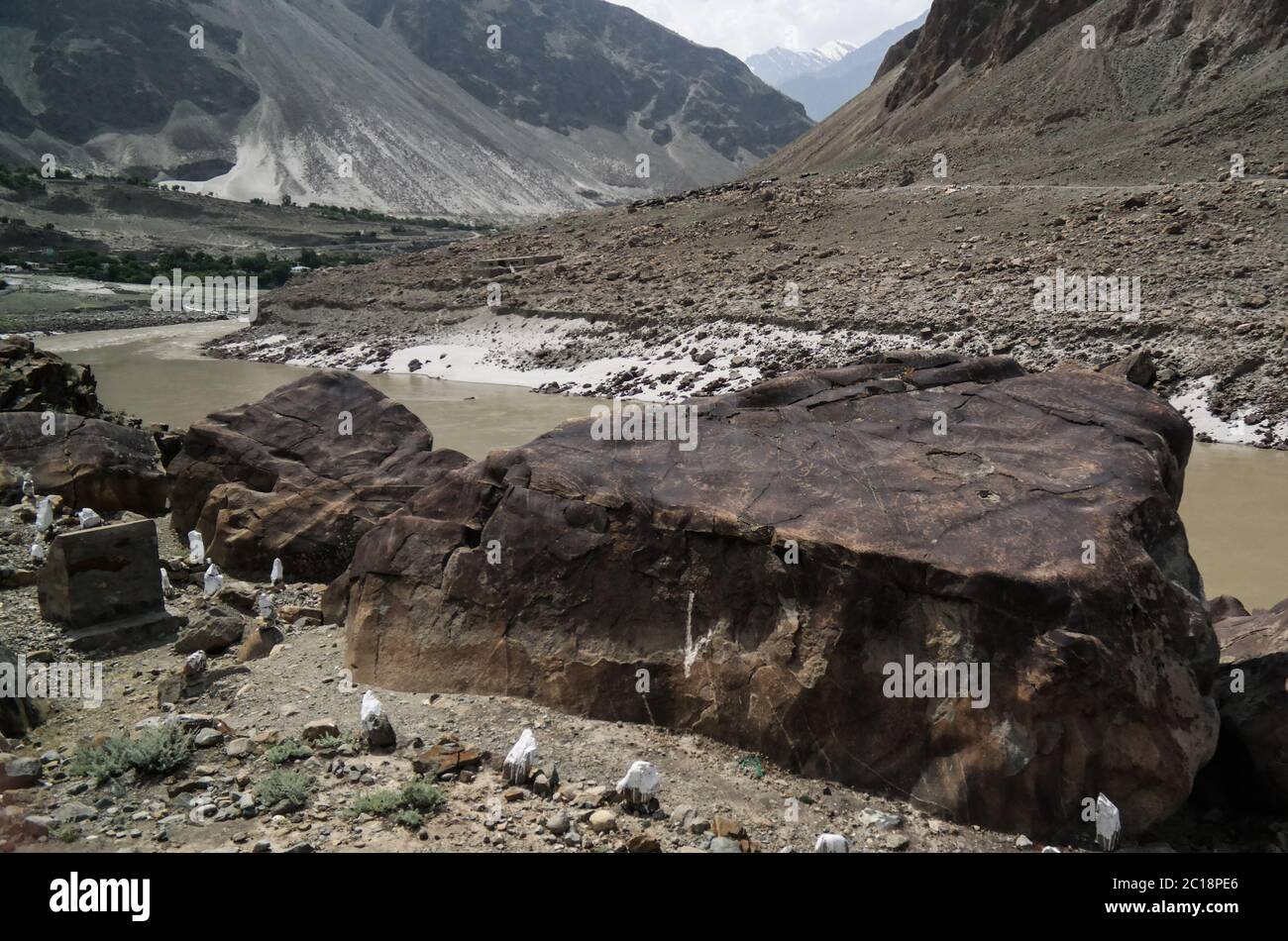 Petroglyphs at bank of Indus river, Chilas , Gilgit-Baltistan Pakistan Stock Photo