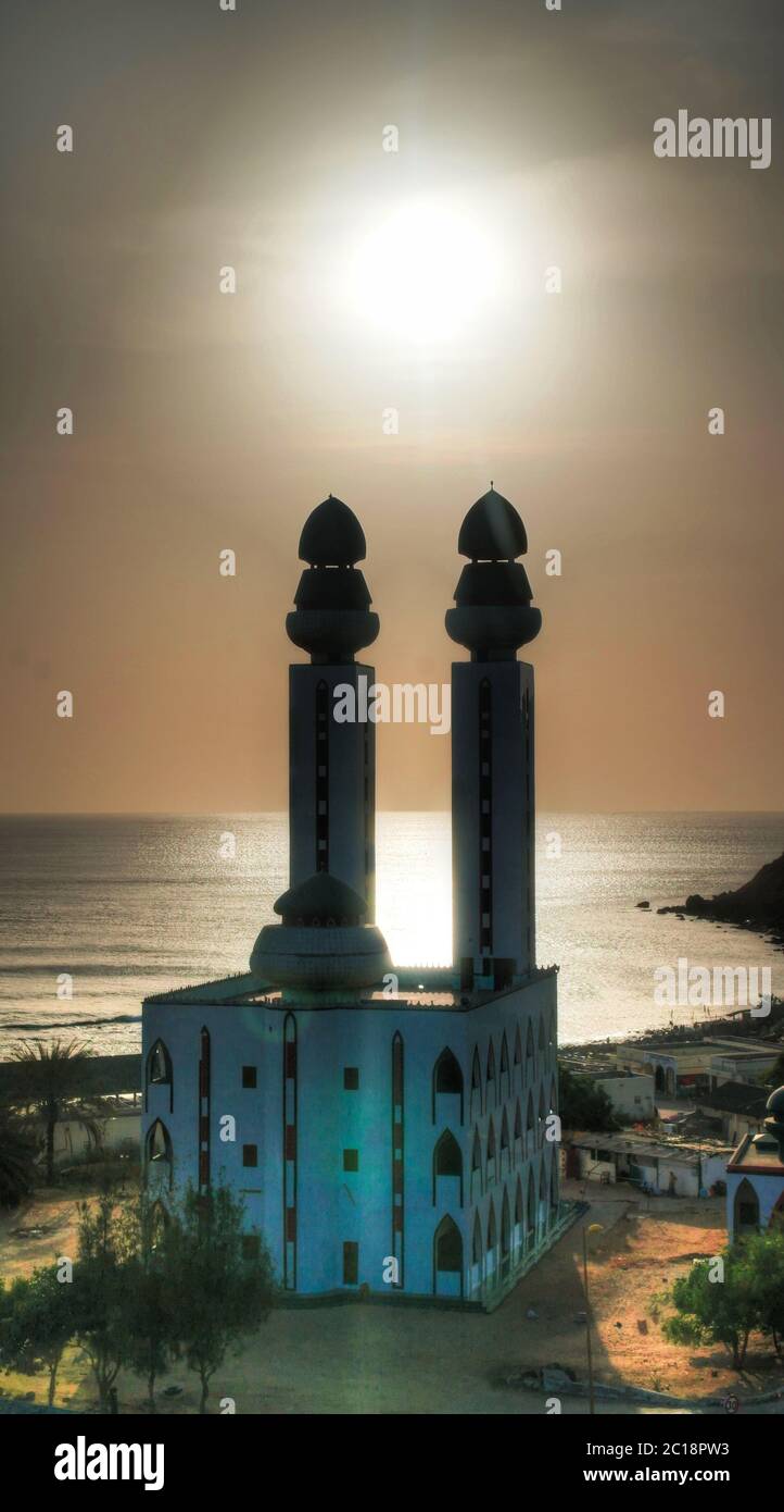 Contre-jour view to Mosque of the Divinity at sunset, Dakar, Senegal Stock Photo