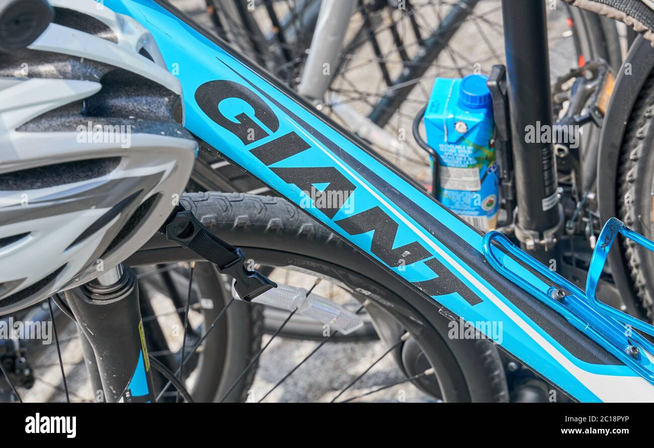 Montreal, Canada - June 14, 2020: Giant bike and logo on blue bicycle  frame. Giant Manufacturing is a Taiwanese bicycle manufacturer well know as  the Stock Photo - Alamy