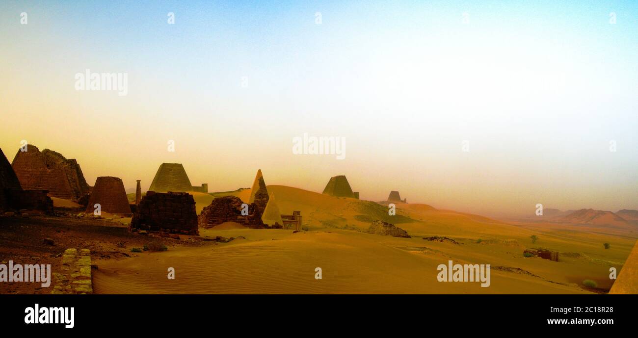 Panorama of Meroe pyramids in the desert at sunset, Sudan, Stock Photo
