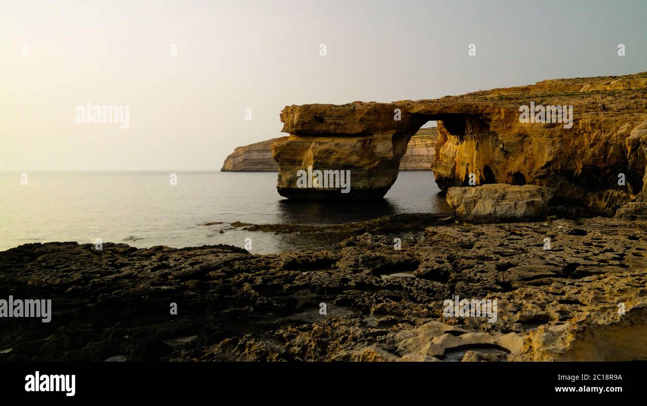 Sea view to Azure window natural arch, now vanished, Gozo island, Malta Stock Photo