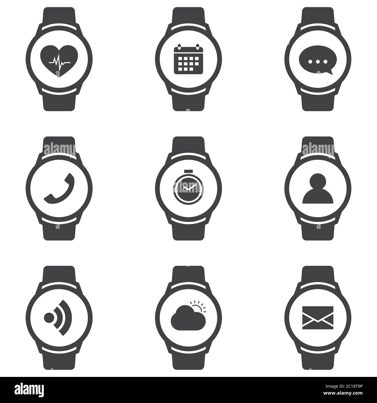 smart watch icons set with fitness tracker and apps for synchronization with smartphone. Stock Vector