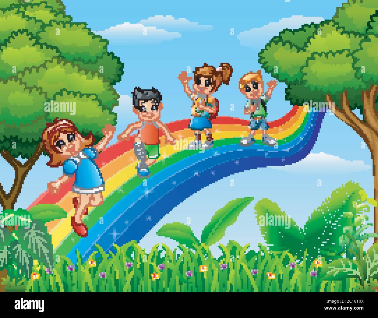 illustration of Happy kids standing over the rainbow Stock Vector Image ...