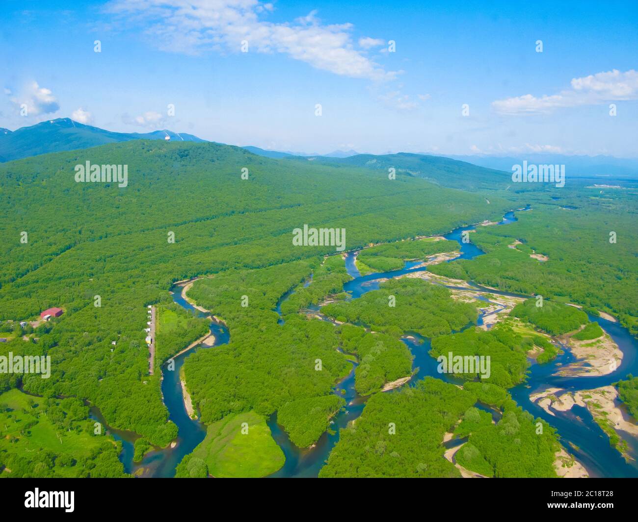 Aerial panorama view to Kamchatka rivers and Taiga, Kamchatka peninsula ...