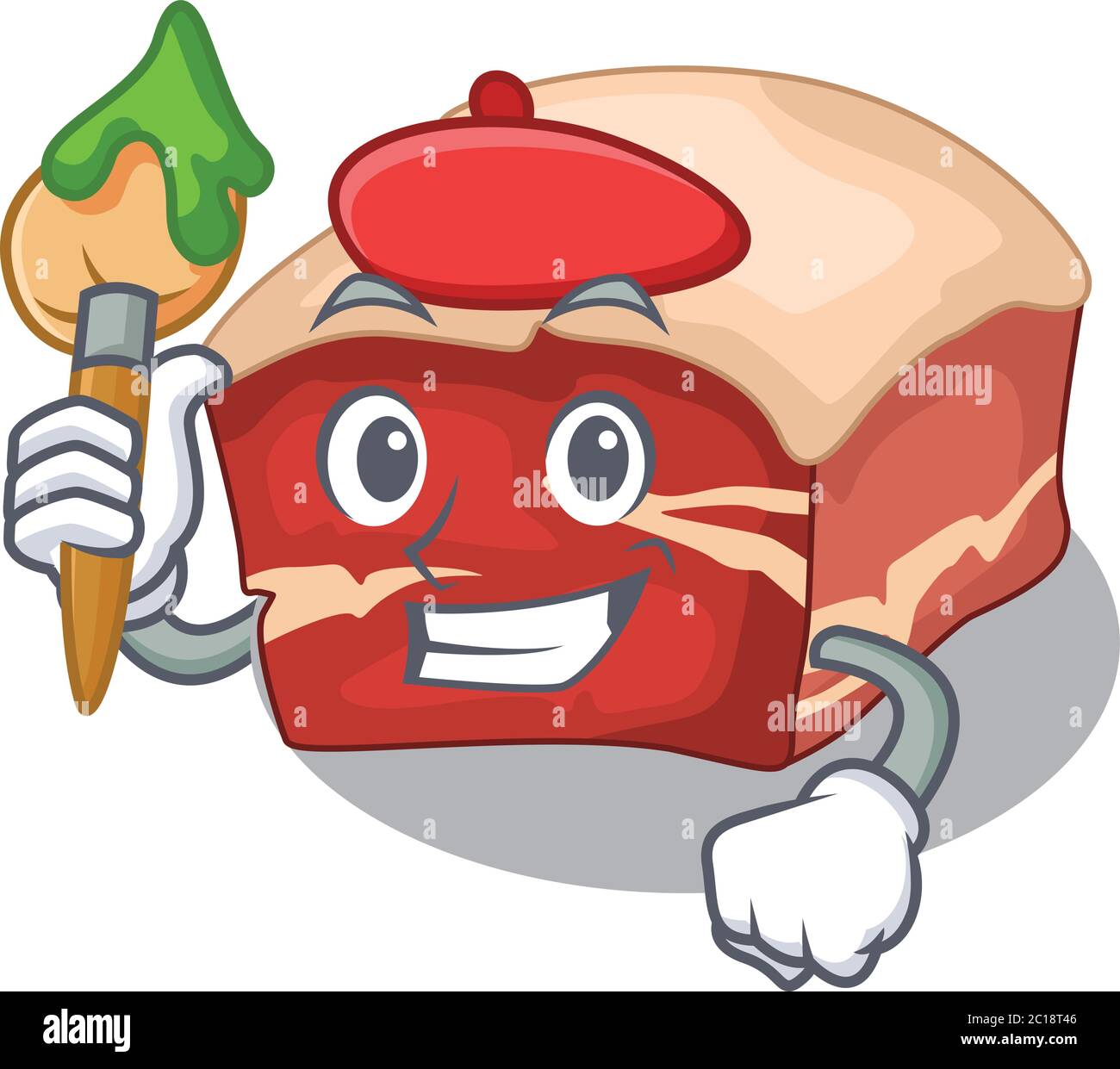 Pork belly artist cartoon picture style paint a landscape using a brush