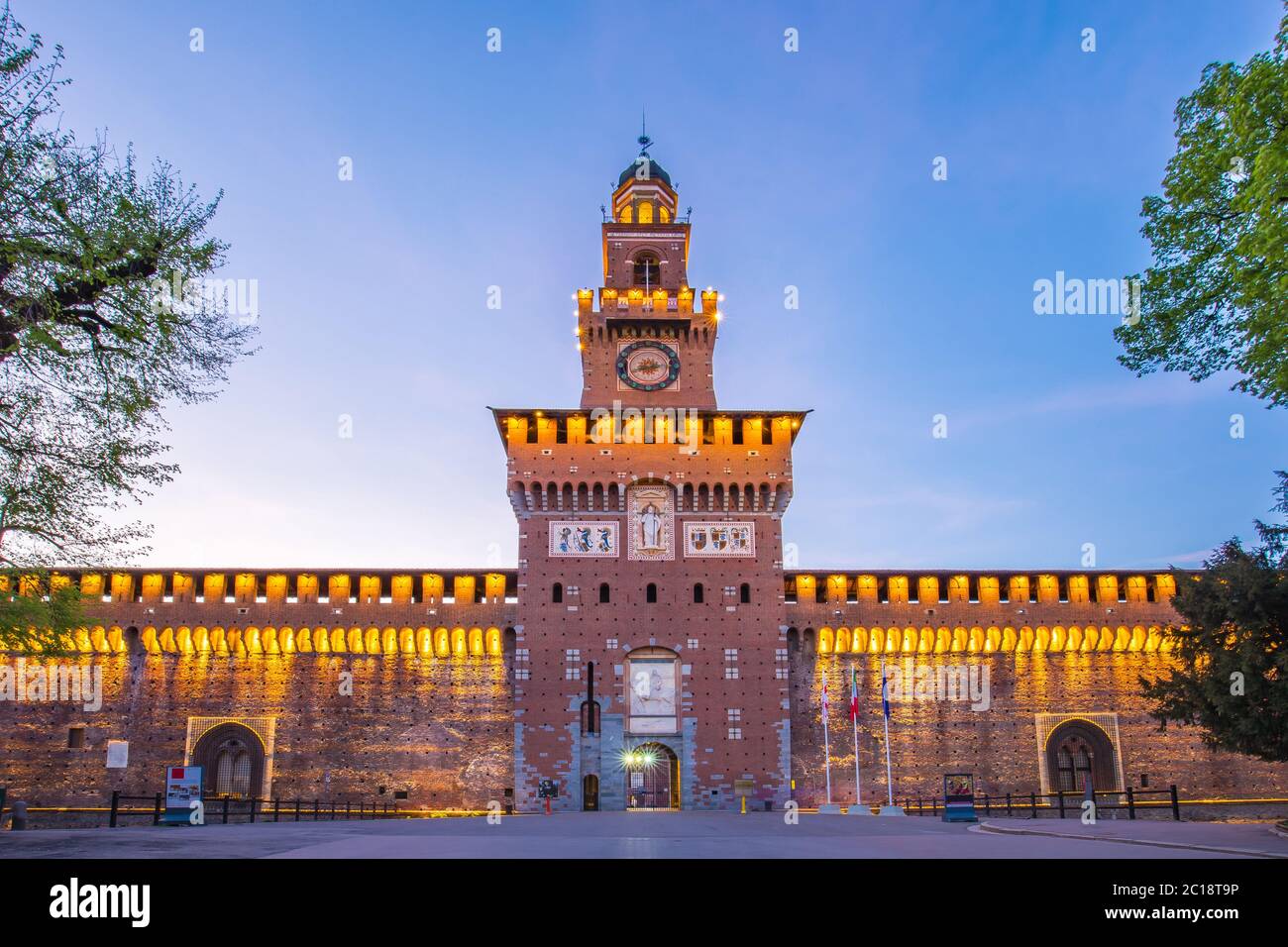 Castello Sforzesco or Sforza Castle in Milan, Italy at night Stock Photo
