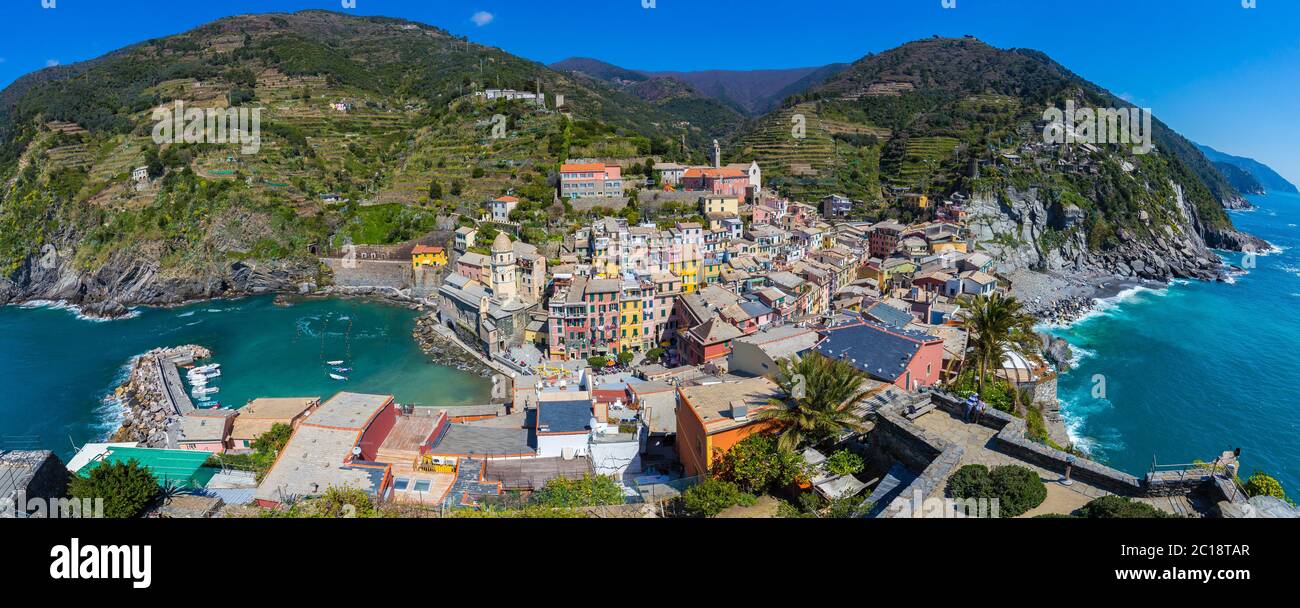Panorama view of Vernazza one of Cinque Terre in the province of La Spezia, Italy Stock Photo