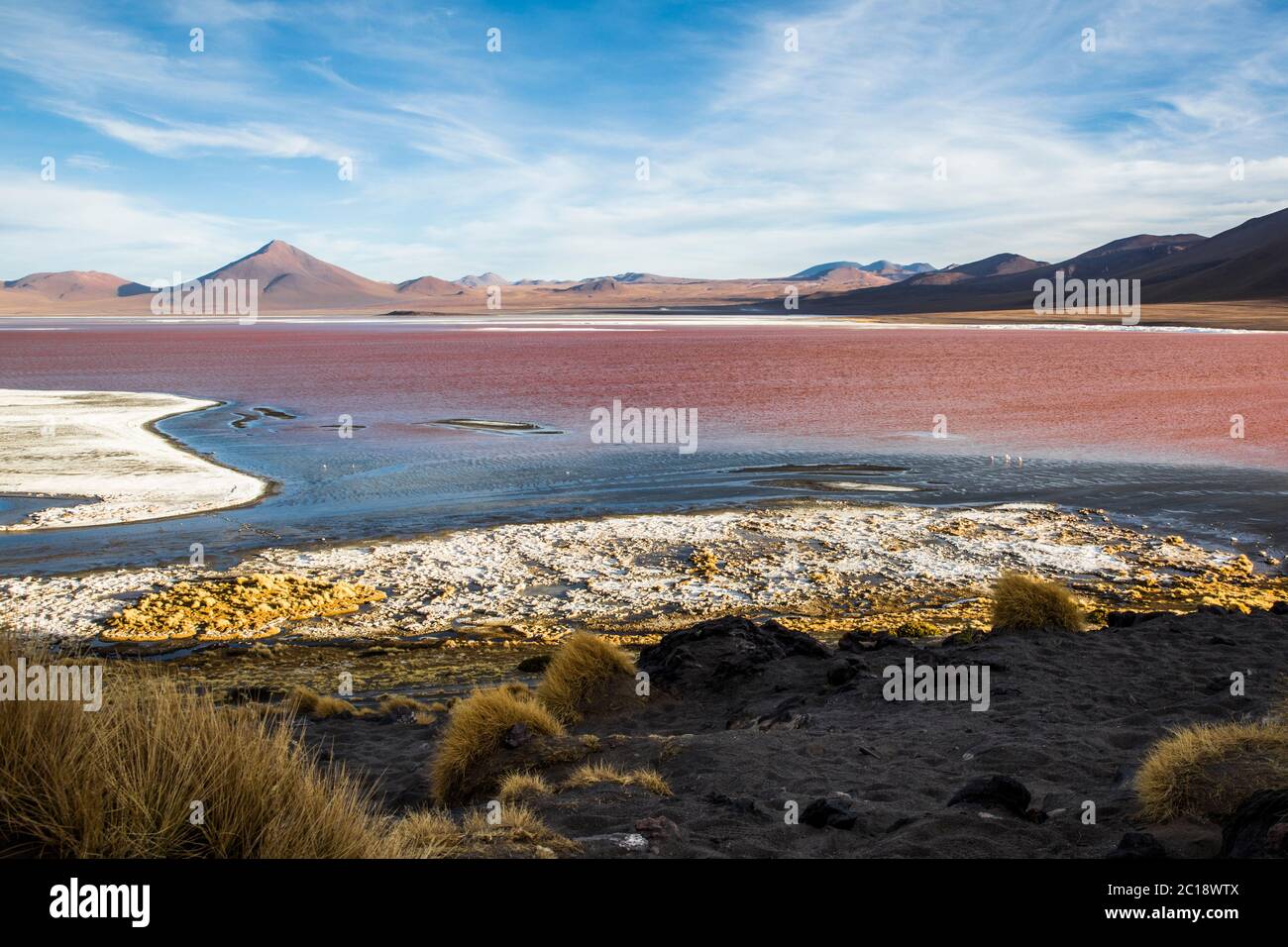 landscape of a red lake with a beautiful, blue sky and grass and sand in the foreground Stock Photo