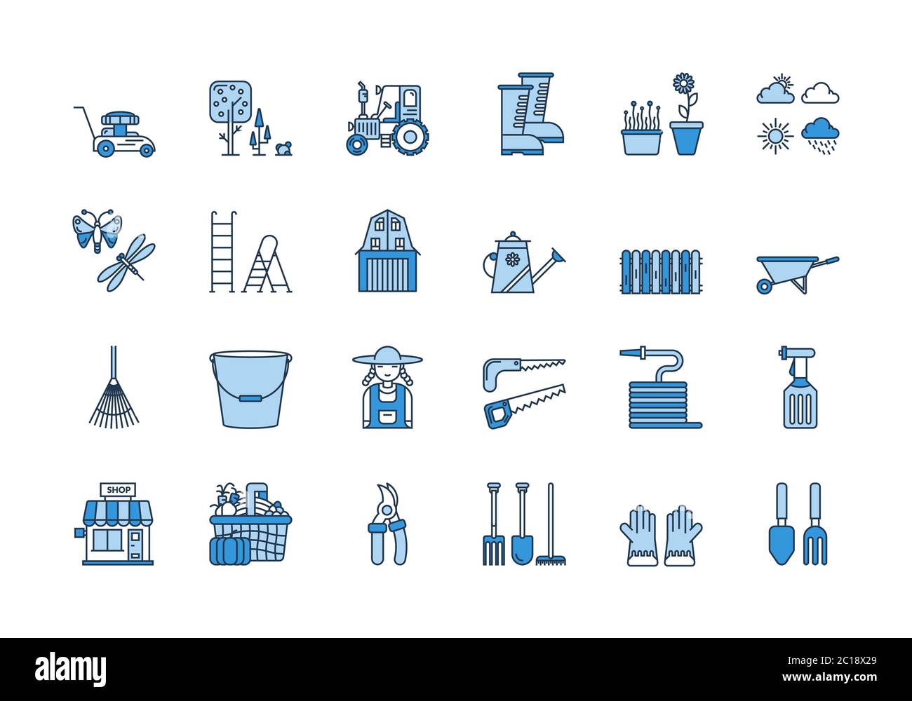 06 Blue linear GARDENING icons set Stock Vector