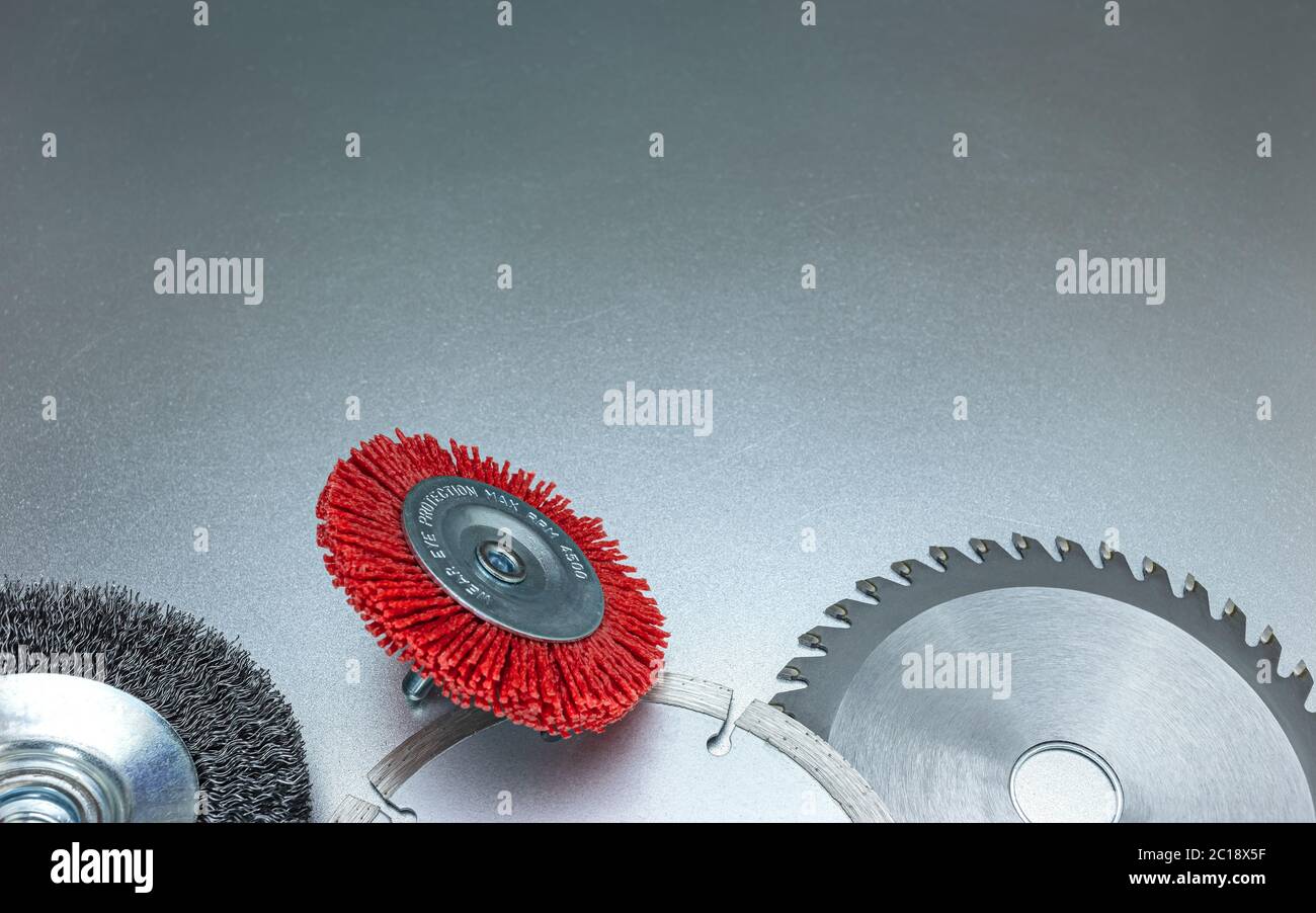 abrasive tools industrial concept. set of different professional tools for cutting, cleaning, polishing. Stock Photo