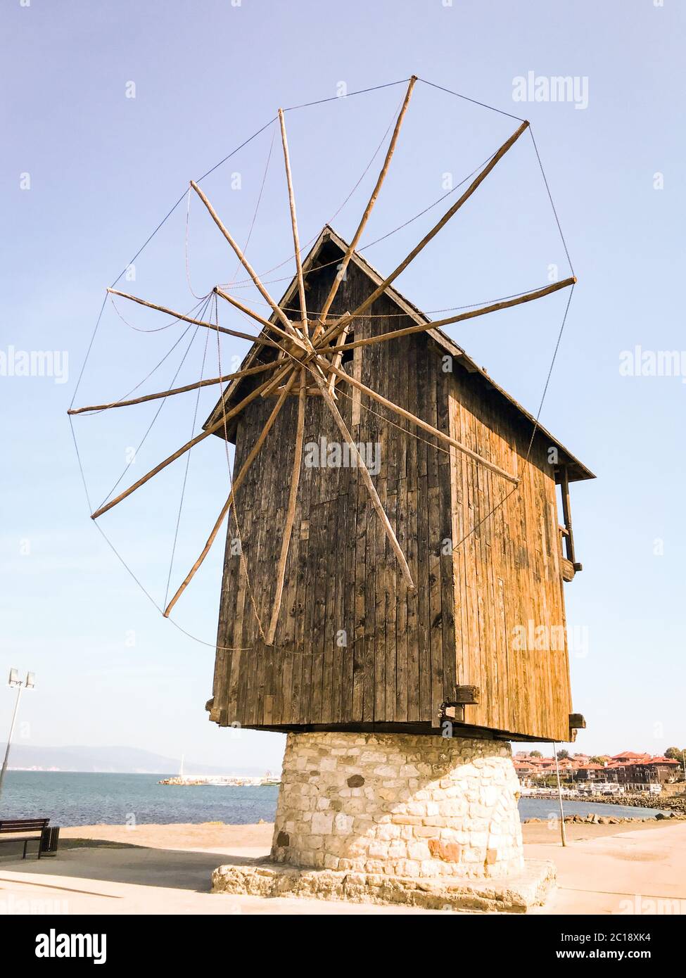 Nesebar, Bulgaria - October 06, 2017: Old windmill in the ancient town of Nesebar in Bulgaria. Stock Photo