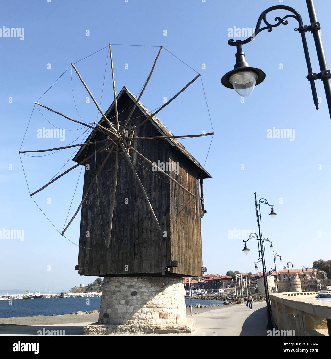 Nesebar, Bulgaria - October 06, 2017: Old windmill in the ancient town of Nesebar in Bulgaria. Stock Photo