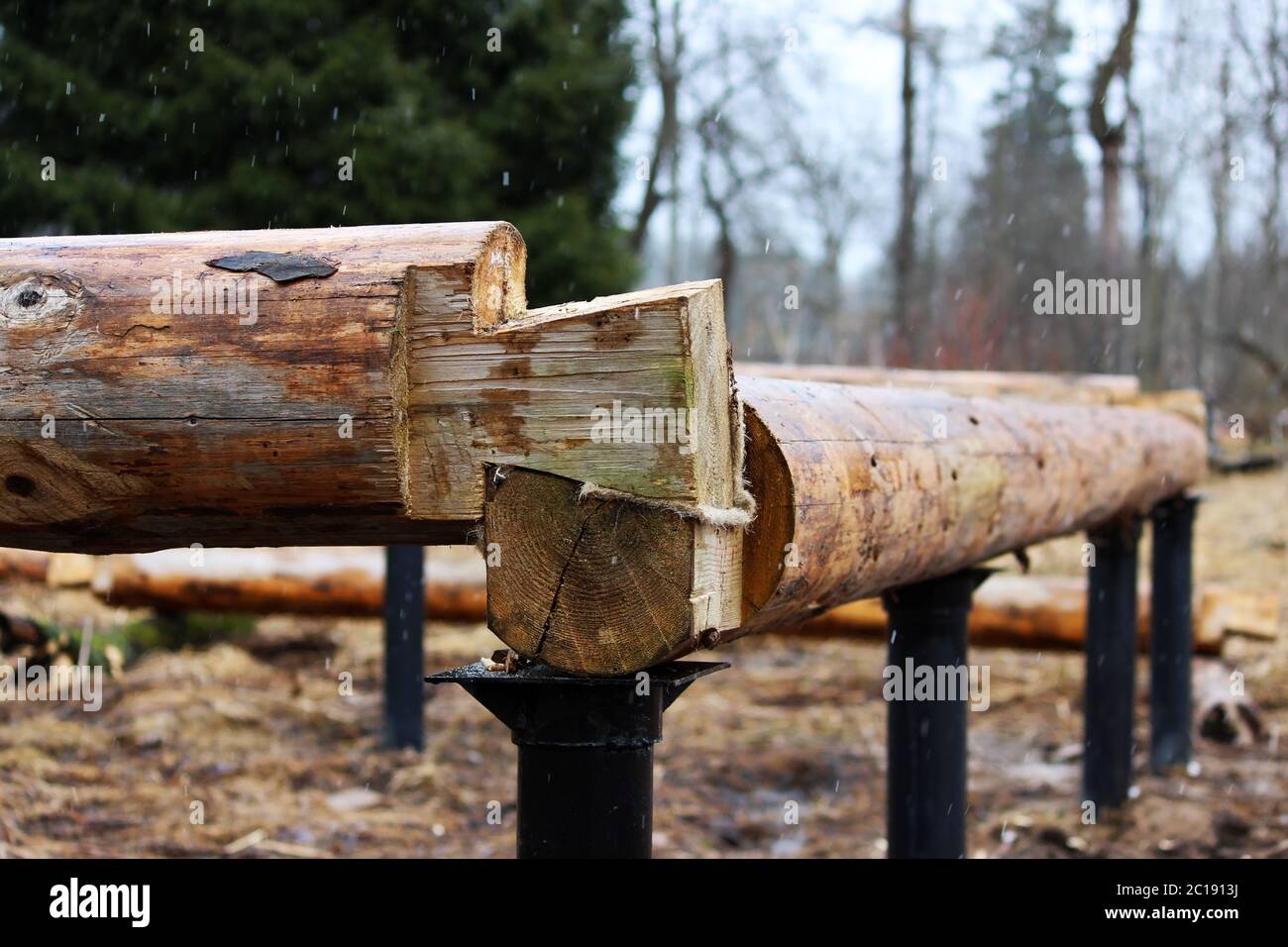 Assembling a wooden frame and building a house. Russia. Texture of old ...
