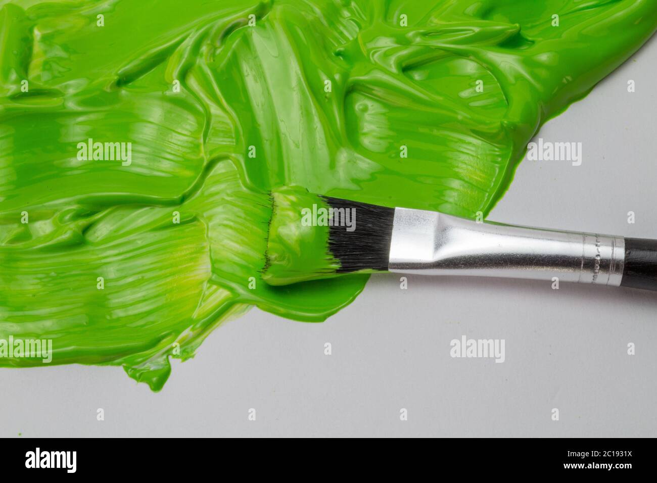 Green paint and art brush with thick glossy strokes on white paper. Eco friendly concept Stock Photo