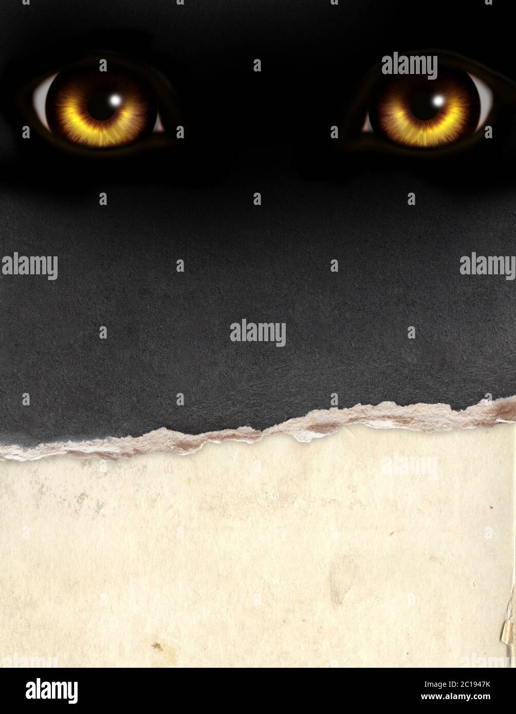 Vertical background with monster eyes and old paper texture. Retro Halloween backdrop. Mock up template. Copy space for text Stock Photo