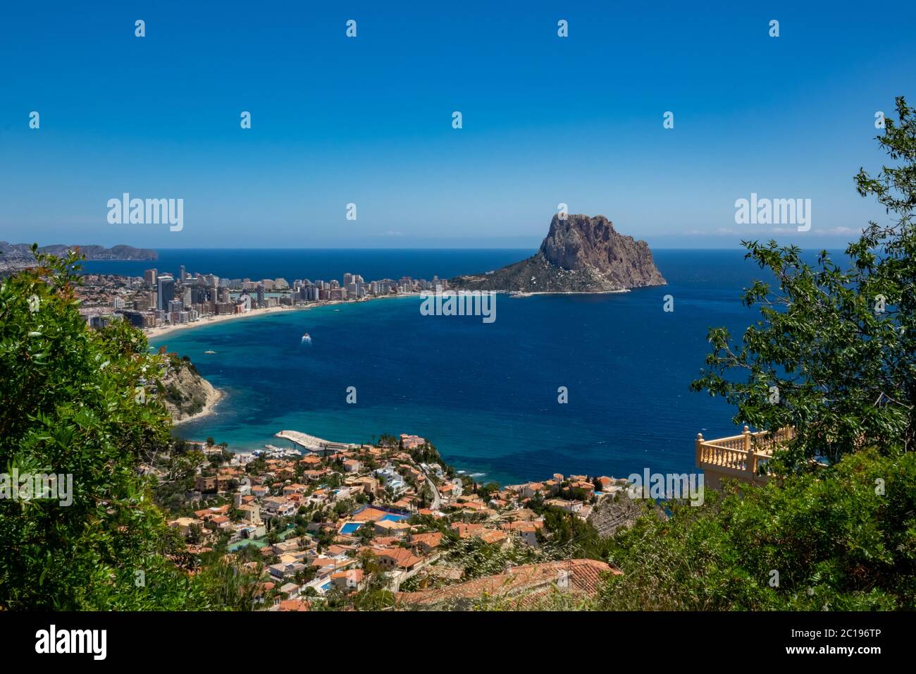 Beaches of Calpe and natural park of Penyal d'Ifac background, S Stock Photo