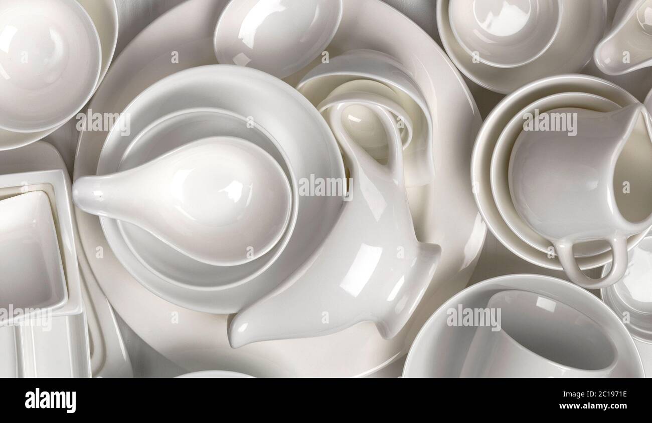 Texture of empty dishware, pattern of clean tableware assortment, top view Stock Photo