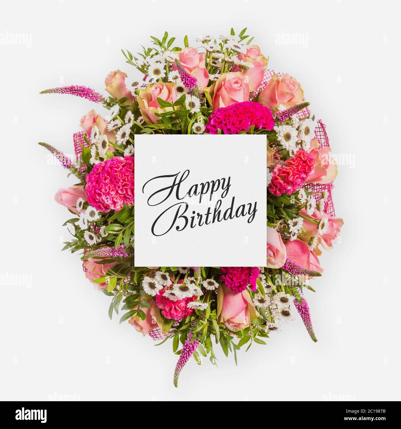 Beautiful bouquet of roses on a window with the text Happy Birthday Stock  Photo - Alamy