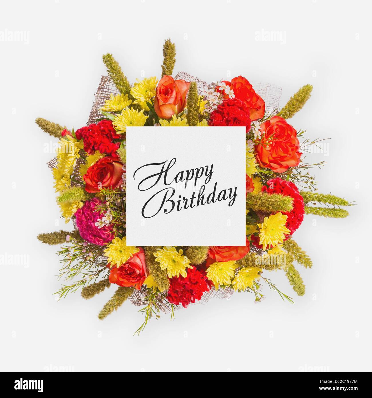 bouquet of colorful flowers with ribbon. happy birthday! card concept, Stock image