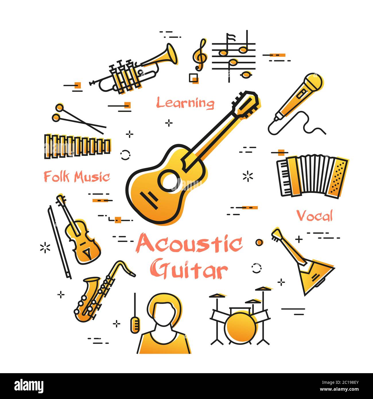 Vector linear banner for music - acoustic guitar Stock Vector