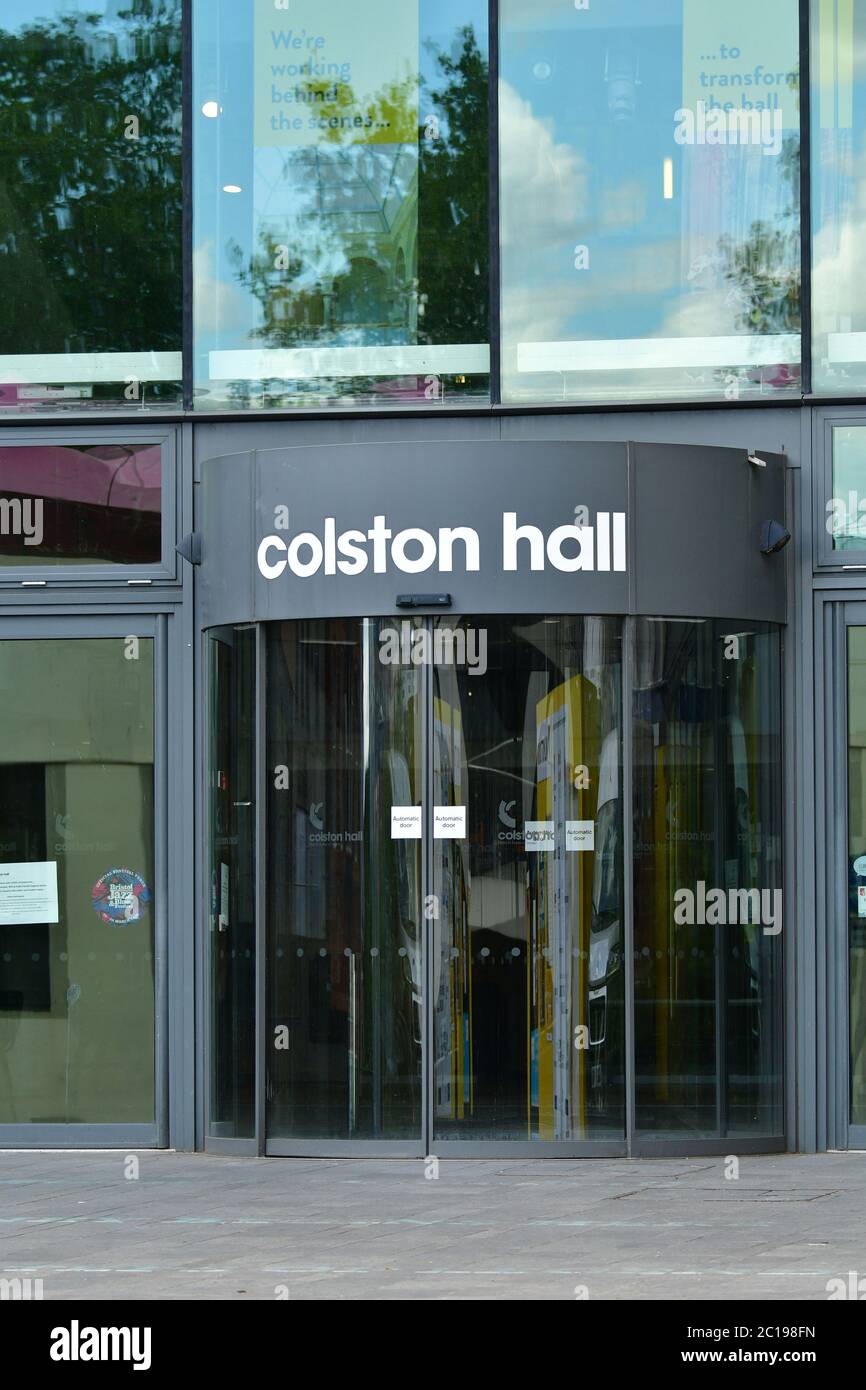 Bristol, UK. 15th June 2020.UK Colston Hall Signage being Removed from Building today in Bristol.First Opened 20th September 1867 and named by slave trader member of parliament,Edward Colston.Picture Credit Robert Timoney/Alamy/Live/News Stock Photo