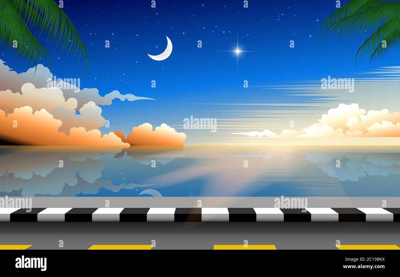 landscape of road on the beach in sunset Stock Vector