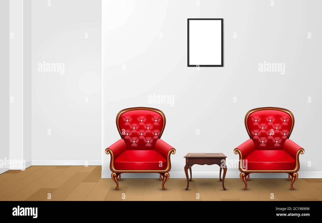 red chairs and wooden table in the room Stock Vector