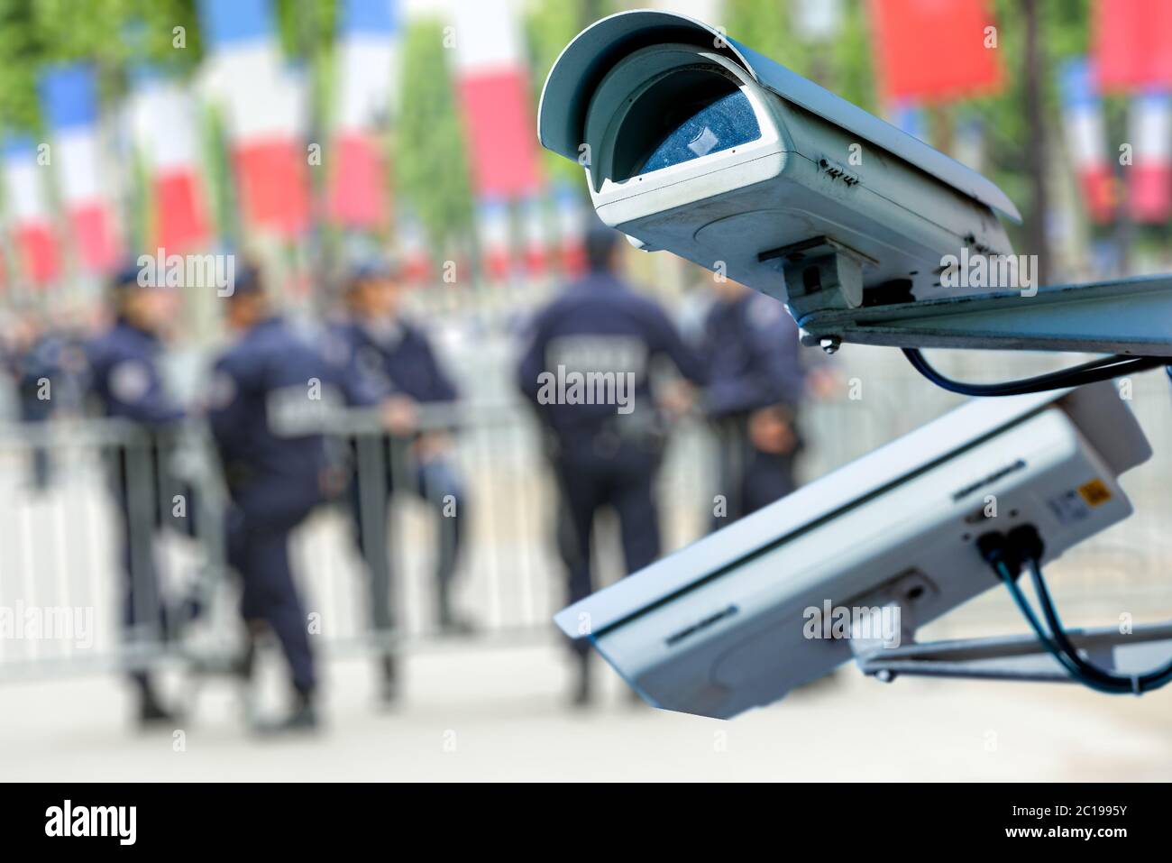 security CCTV camera or surveillance system with military on blurry