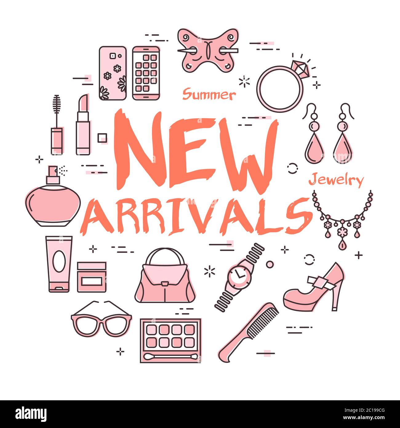 White banner of woman accessories with red text New Arrivals Stock Vector