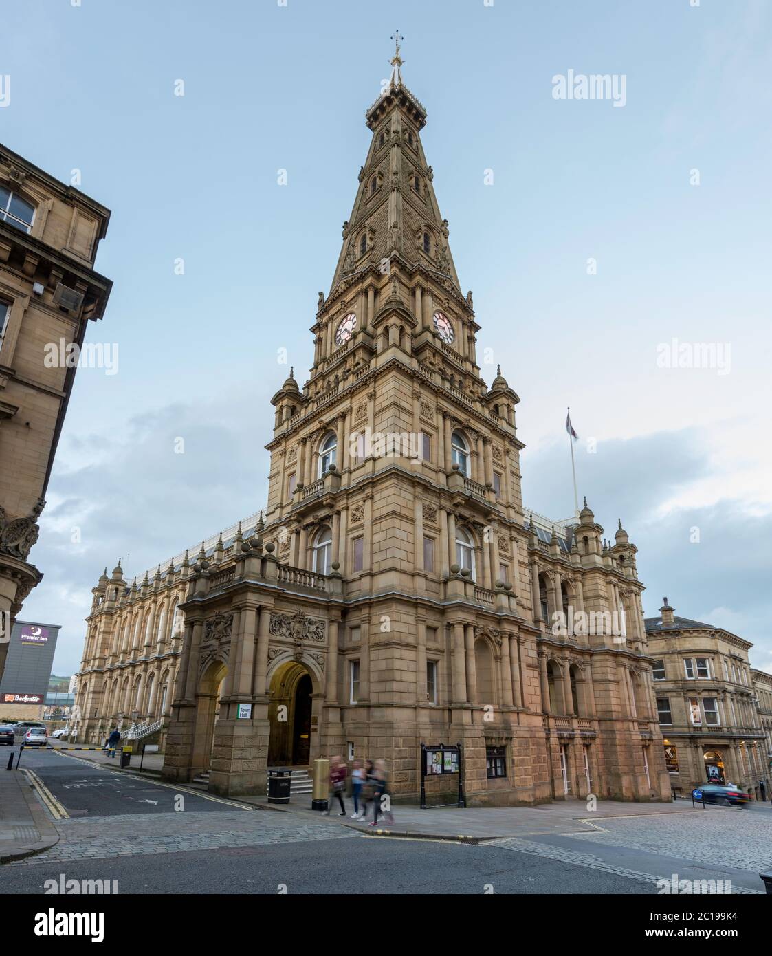The exterior of Halifax Town Hall, a classical style, stone listed