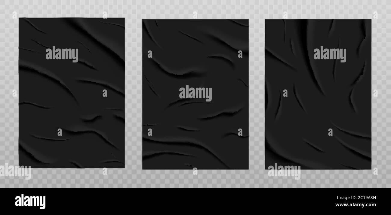 Black glued paper texture, wet wrinkled paper sheets set. Stock Vector