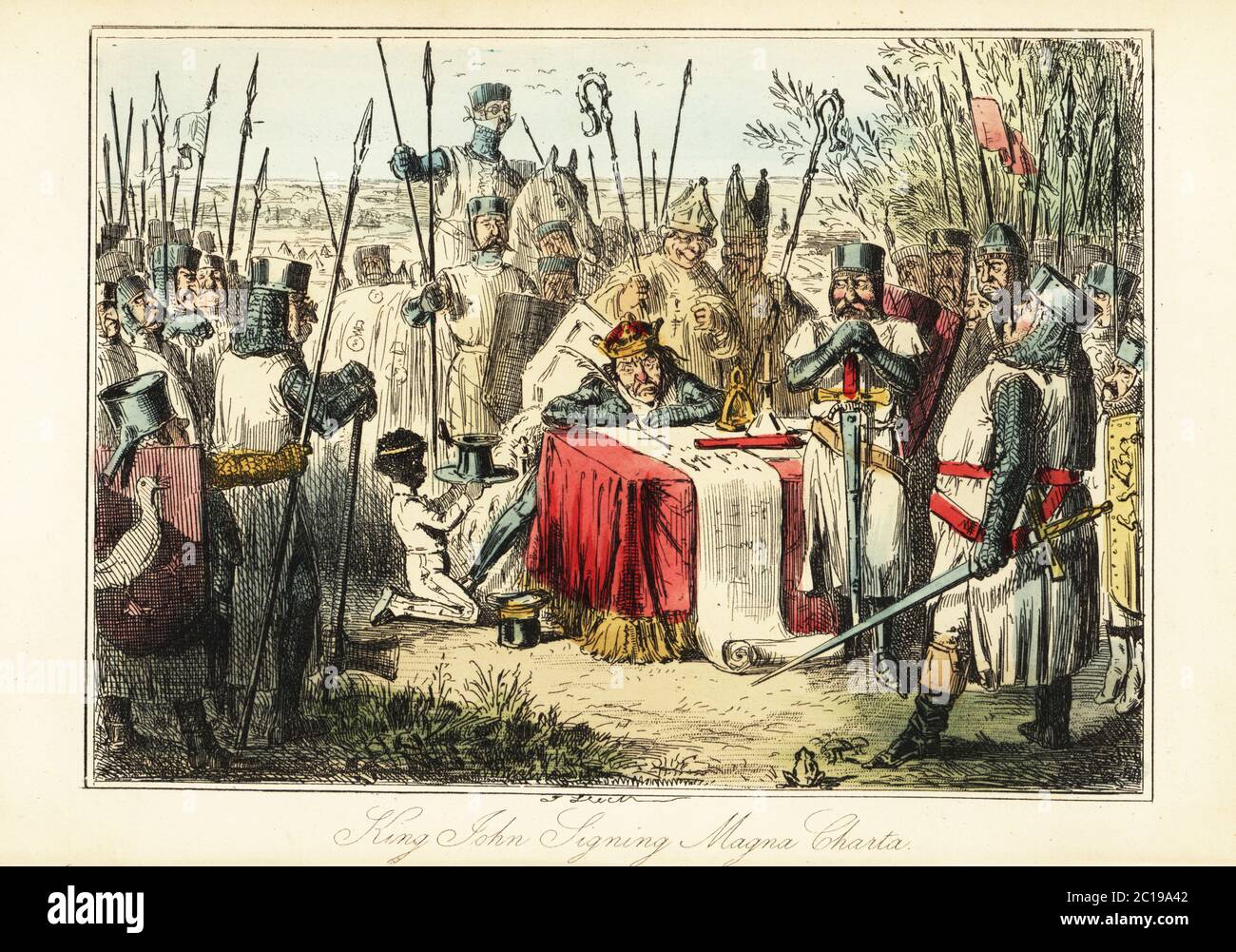 King John surrounded by barons and bishops signing the Magna Carta at Runnymede, 1215. The barons in chain mail suits of armor with tunics and boots, lances and shields with coats of arms. A young black boy slave holds an inkpot. King John signing the Magna Charta. Handcoloured steel engraving after an illustration by John Leech from Gilbert Abbott A’Beckett’s Comic History of England, Bradbury, Agnew & Co., London, 1880. Stock Photo