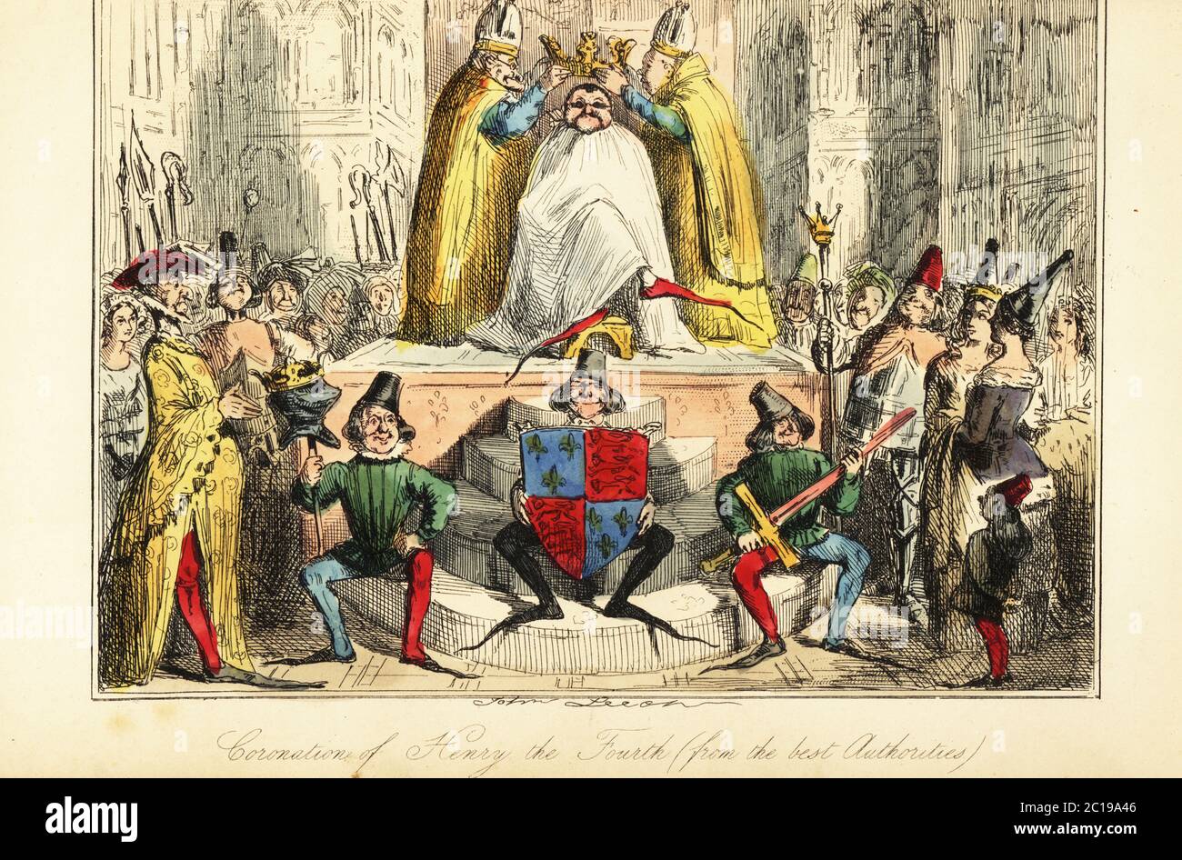The coronation of King Henry IV of England with a huge crown, 1399. The king in sunglasses and cracows is crowned by bishops in Westminster Abbey, while pages hold his coat of arms, helm and sword. Coronation of King Henry IV (from the best authorities). Handcoloured steel engraving after an illustration by John Leech from Gilbert Abbott A’Beckett’s Comic History of England, Bradbury, Agnew & Co., London, 1880. Stock Photo