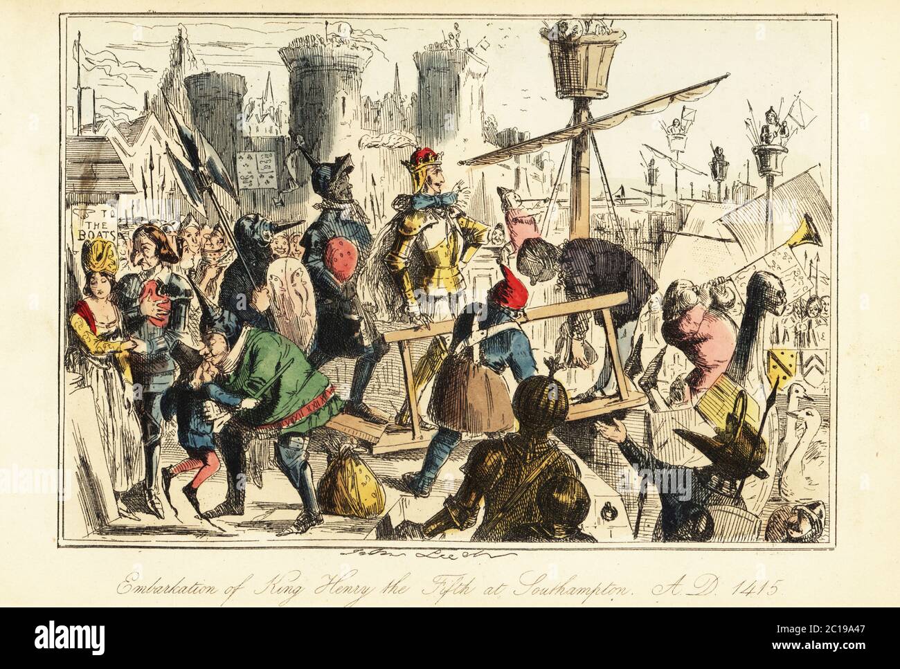 King Henry V of England boarding the Trinity at Southampton, 10 August 1415. The king in crown, helm and suit of armor. Knights in plate armor with comical helmets. Embarkation of King Henry V at Southampton 1415. Handcoloured steel engraving after an illustration by John Leech from Gilbert Abbott A’Beckett’s Comic History of England, Bradbury, Agnew & Co., London, 1880. Stock Photo
