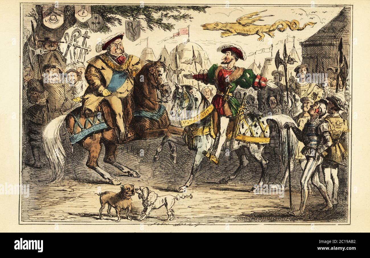 Henry VIII of England meeting Francis I of France on horseback at the Field of the Cloth of Gold, 7 June 1520. Coats of arms hang from trees and knights in armor and heralds gather for a tournament. A gold dragon flies above Francis. An English bulldog meets a French poodle in the foreground. King Henry VIII meeting Francis I. Handcoloured steel engraving after an illustration by John Leech from Gilbert Abbott A’Beckett’s Comic History of England, Bradbury, Agnew & Co., London, 1880. Stock Photo
