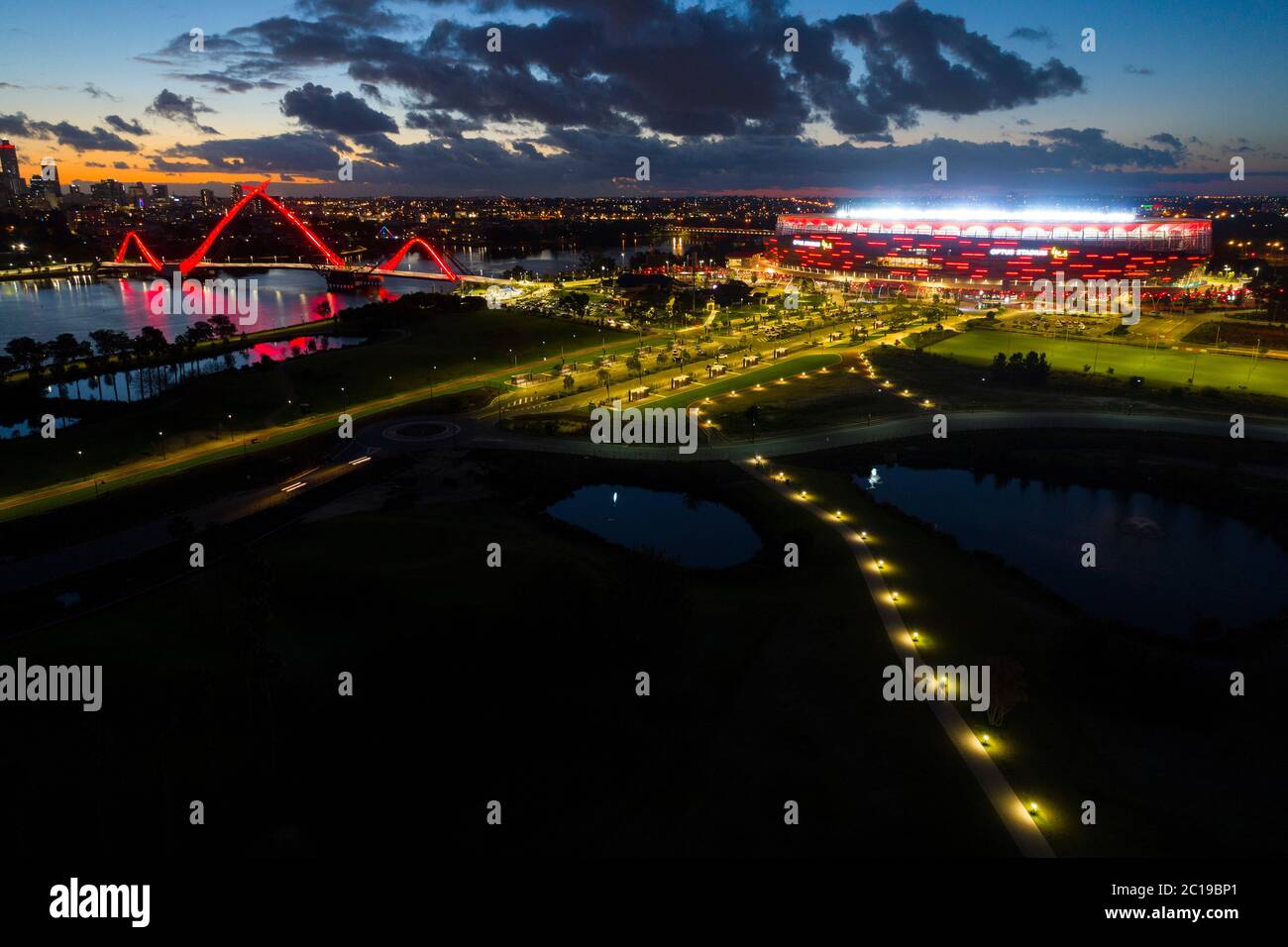 Matagarup Bridge and Optus sports stadium in evening light, Perth, Western Australia Stock Photo