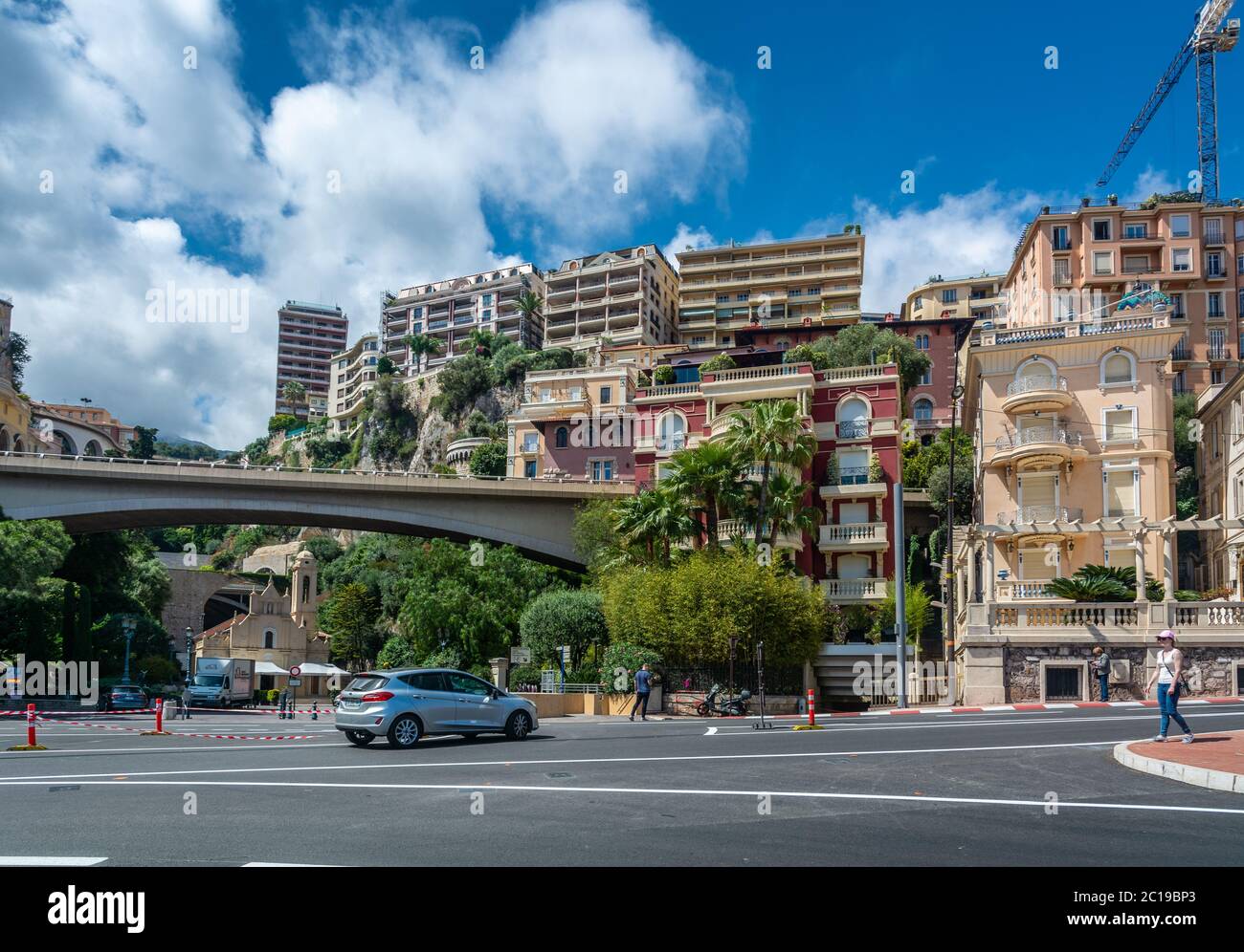 Monte Carlo, Monaco - June 13, 2019 : Monte Carlo street curve with formula one red and white signs in a sunny summer day in Monte Carlo, Monaco Stock Photo