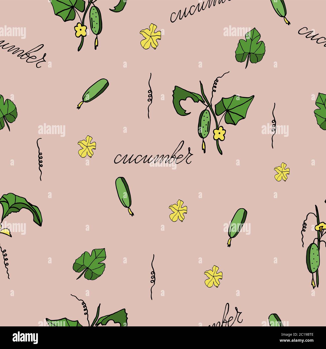 seamless pattern cucumber on a branch, hand-drawing, doodle style Stock Vector
