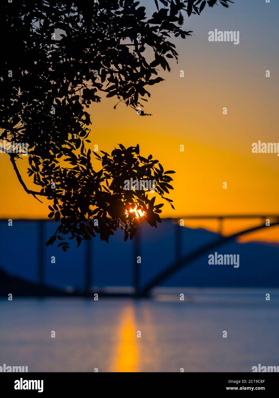Sunset landscape bridge mainland to island Krk Croatia Stock Photo