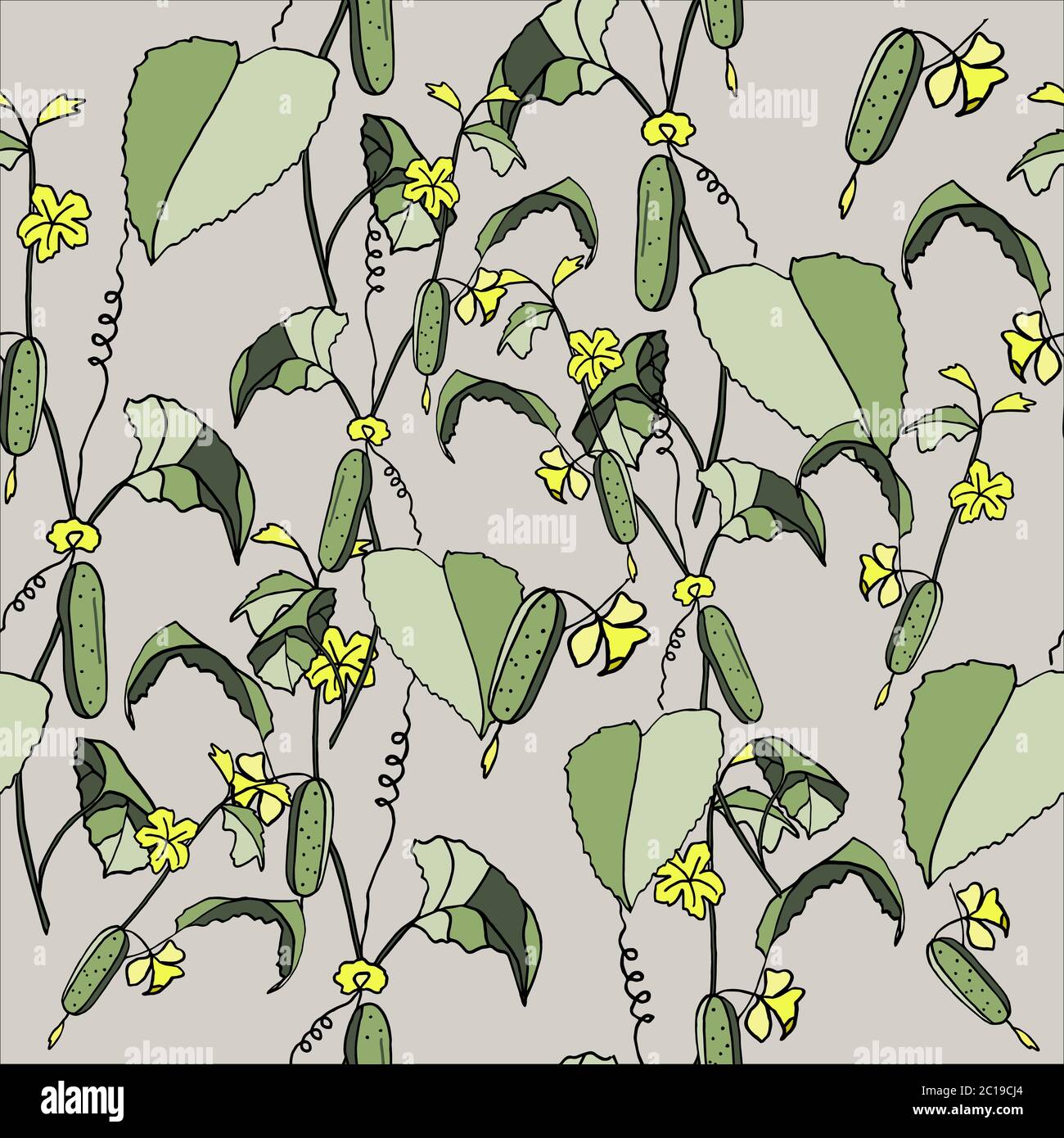 seamless pattern cucumber on a branch, hand-drawing, doodle style Stock Vector