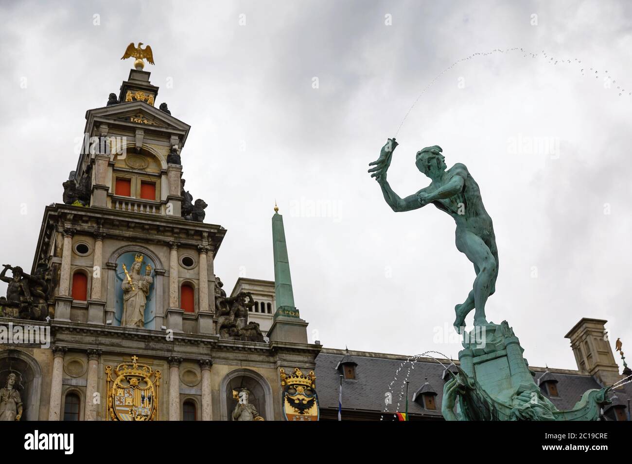 Brabo fountain and traditional flemish architecture at Grote Markt square in Antwerp in Belgium. Stock Photo