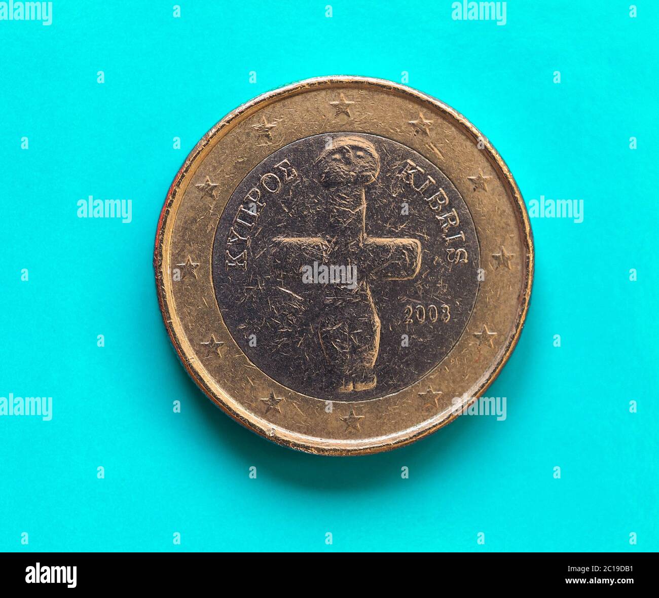 1 euro coin, European Union, Cyprus over green blue Stock Photo